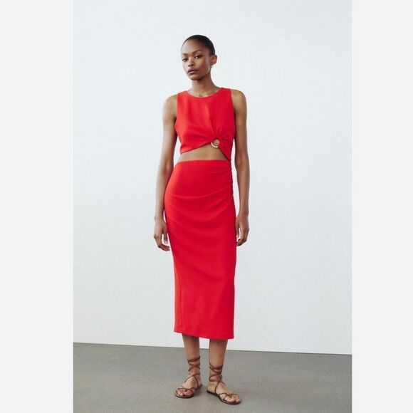 Zara Dresses & Skirts - Zara Women Midi Dress M Red Sleeveless Cut Out Sexy Gold Ring 9878/166 NWT